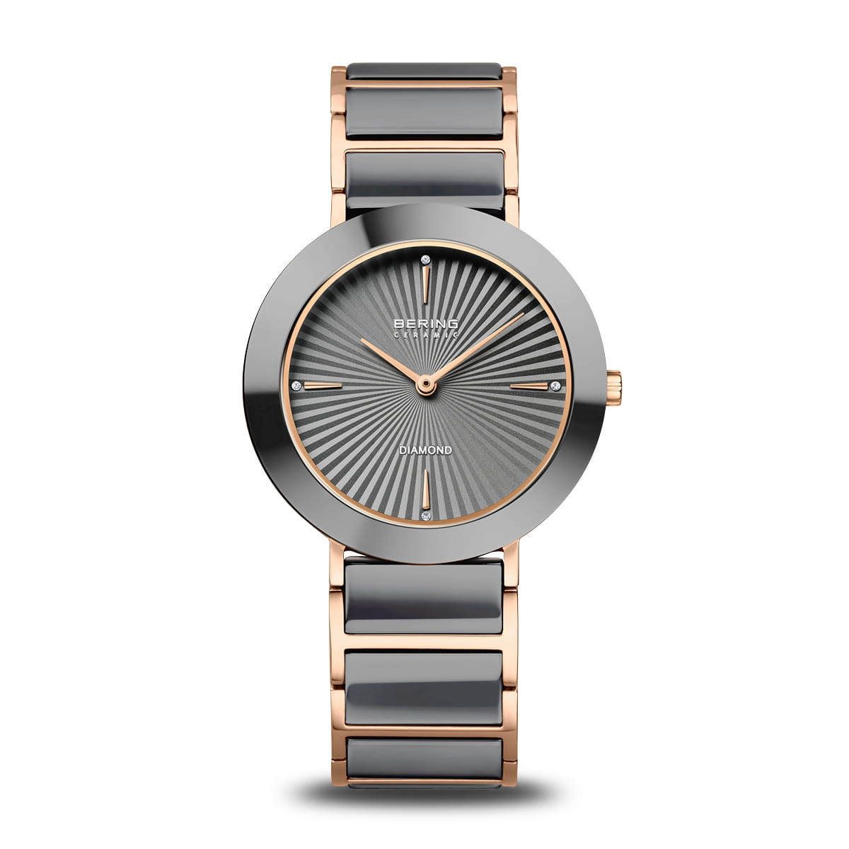 Damenuhr mit grauem Keramikgehäuse, roségoldfarbenem Gliederarmband und schwarzem Zifferblatt