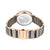 Damenuhr Rückseite: roségoldfarbenes Edelstahlgehäuse mit graviertem Glasboden und Gliederarmband