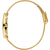 Damenuhr mit goldfarbenem Gehäuse und Meshband, seitliche Ansicht mit Drücker