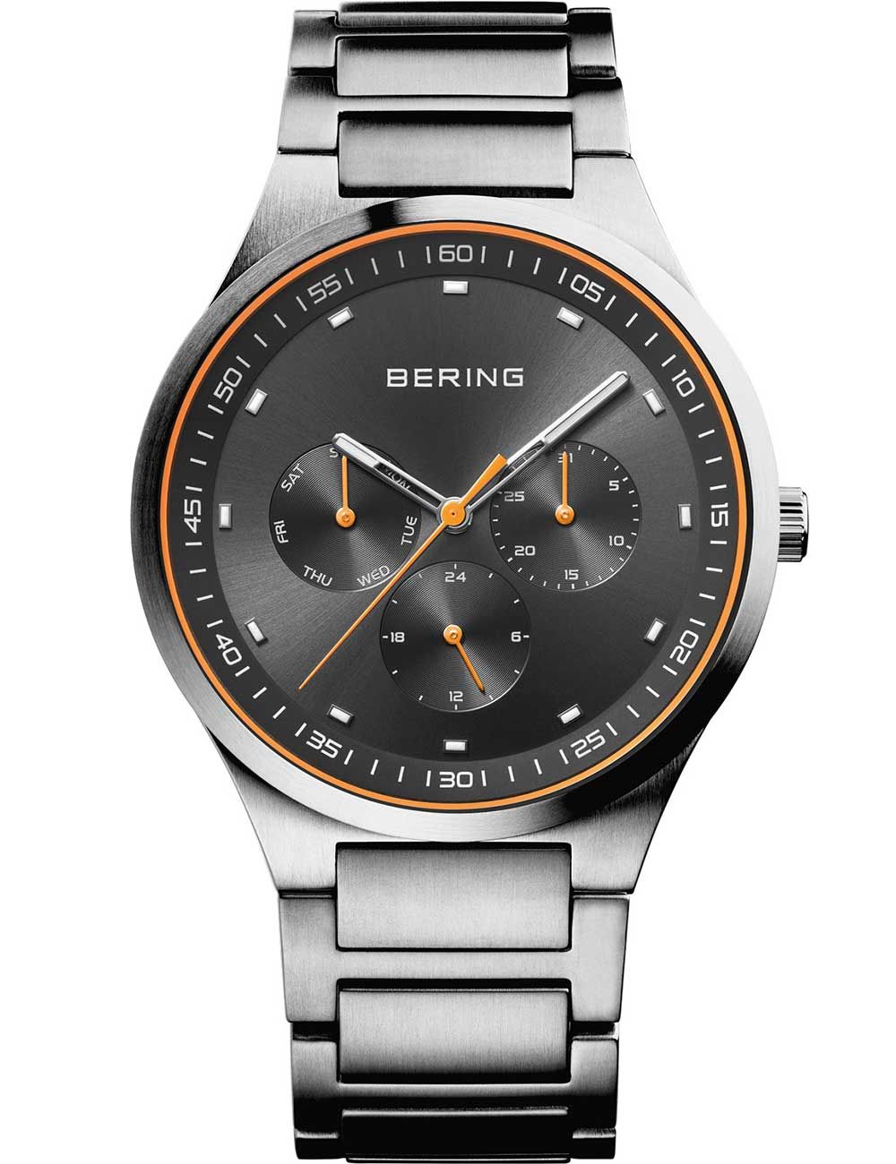 Bering Herrenarmbanduhr mit schwarzem Zifferblatt, orange Akzenten und Edelstahlarmband