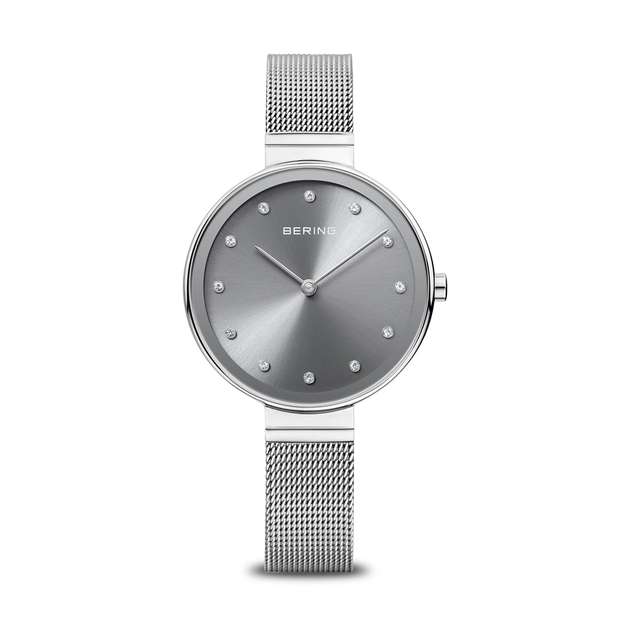 Silberne Damenuhr mit Milanaise-Armband, rundem Zifferblatt und Indexen