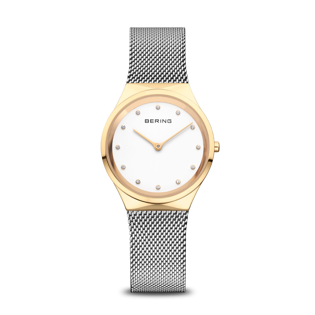 Damenuhr mit silbernem Milanese-Armband, rundem weißem Zifferblatt und goldfarbener Lünette