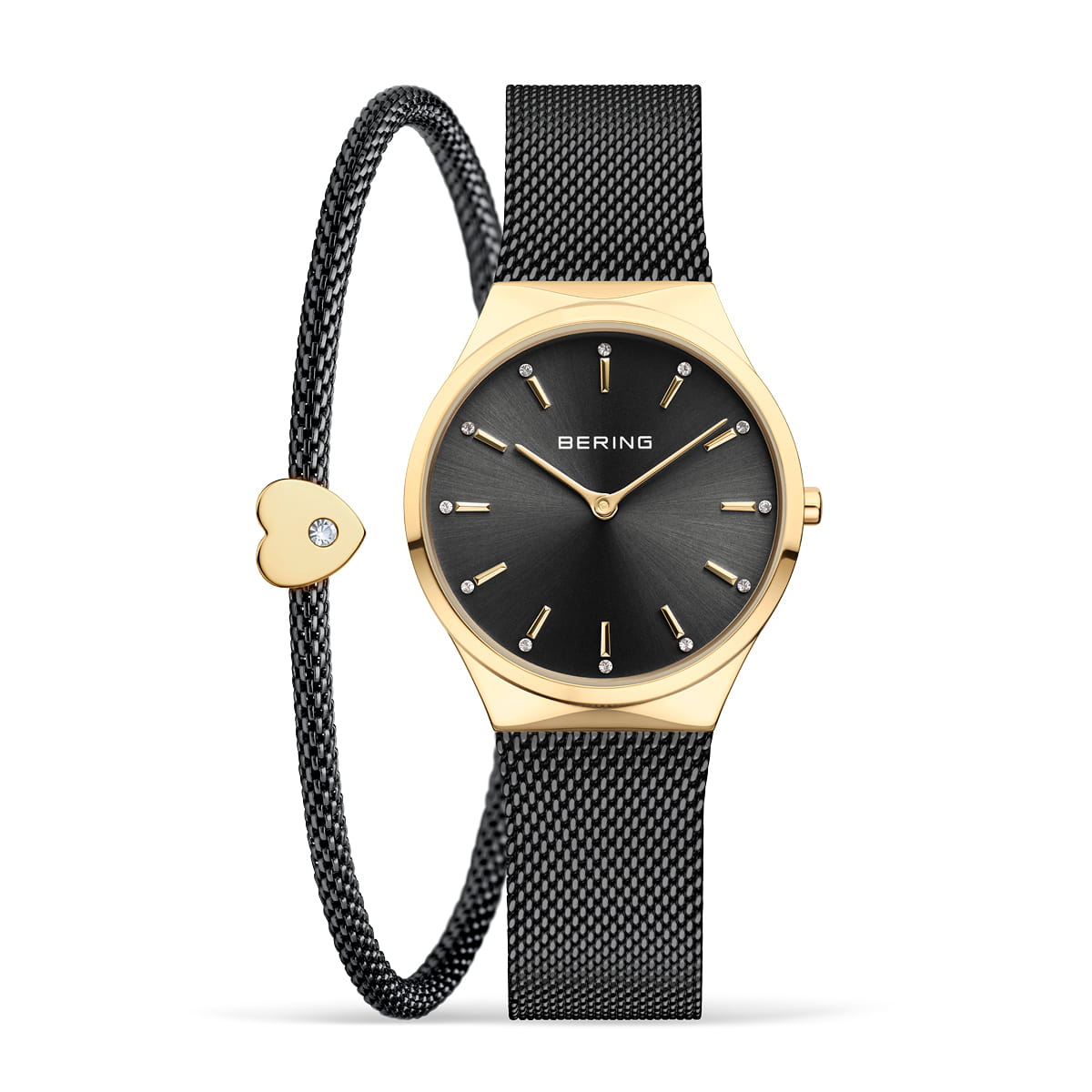 Bering Damenuhr mit goldfarbenem Gehäuse, schwarzem Zifferblatt und Milanaise-Armband