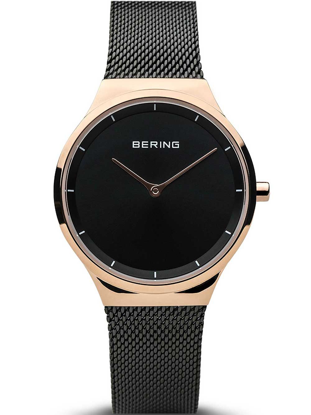 Bering Damenuhr mit schwarzem Zifferblatt und roségoldfarbenem Gehäuse, Milanaisearmband grau