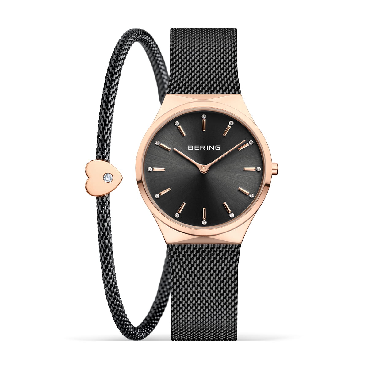 Damenuhr-Set mit schwarzem Milanaiseband, Roségold-Gehäuse und schwarzem Zifferblatt (Bering)