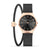 Damenuhr mit dunklem Zifferblatt, roségoldener Lünette, grauem Milanese-Armband und Dornschließe