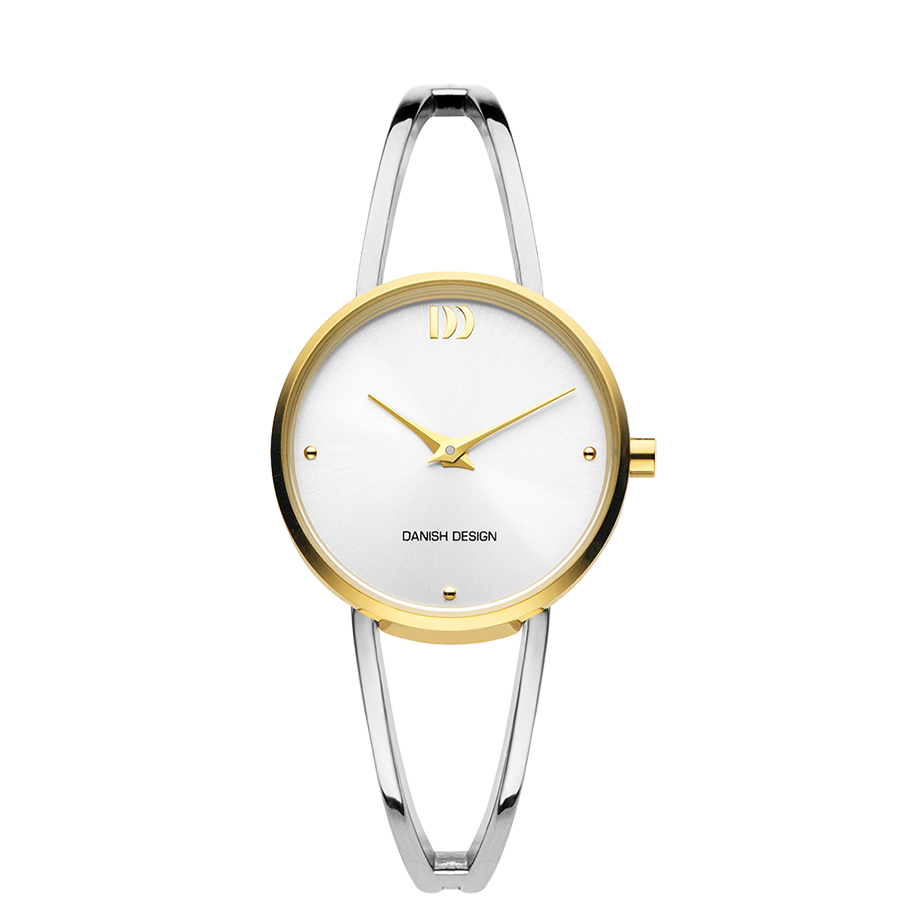 Damenuhr mit rundem Gehäuse, silbernem Metallarmband und goldener Lünette