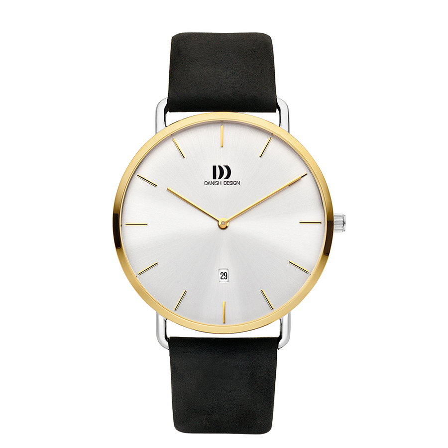 Danish Design Herrenuhr mit schwarzem Lederband, weißem Zifferblatt, dünnem goldfarbenem Gehäuse