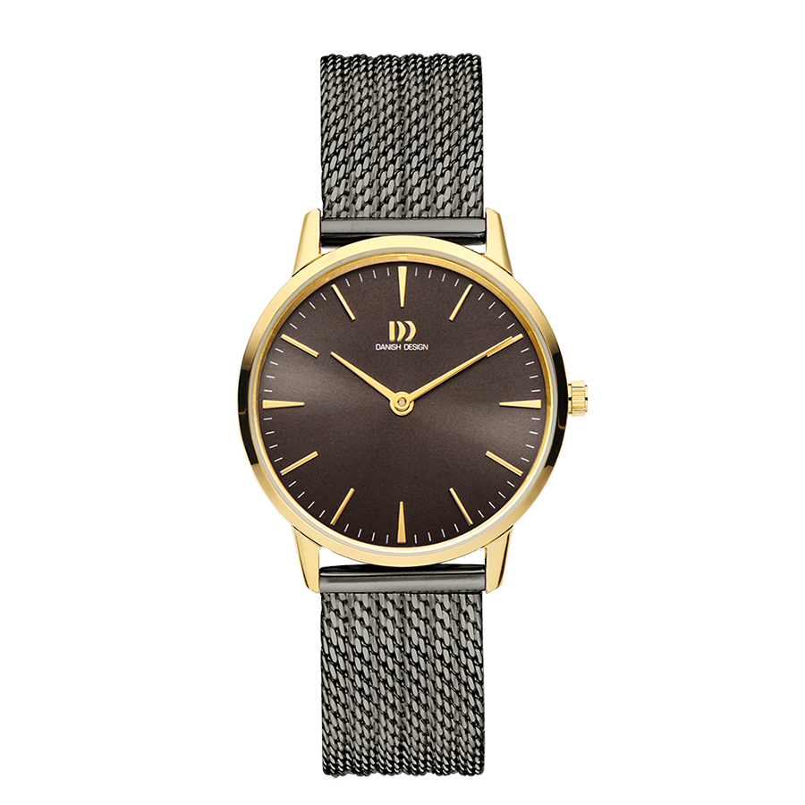 Damenuhr mit grauem Mesh-Armband, goldfarbenem Gehäuse und dunklem Zifferblatt