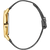 Damenuhr Seitenansicht mit grauem Meshband, goldfarbenem Gehäuse und Krone