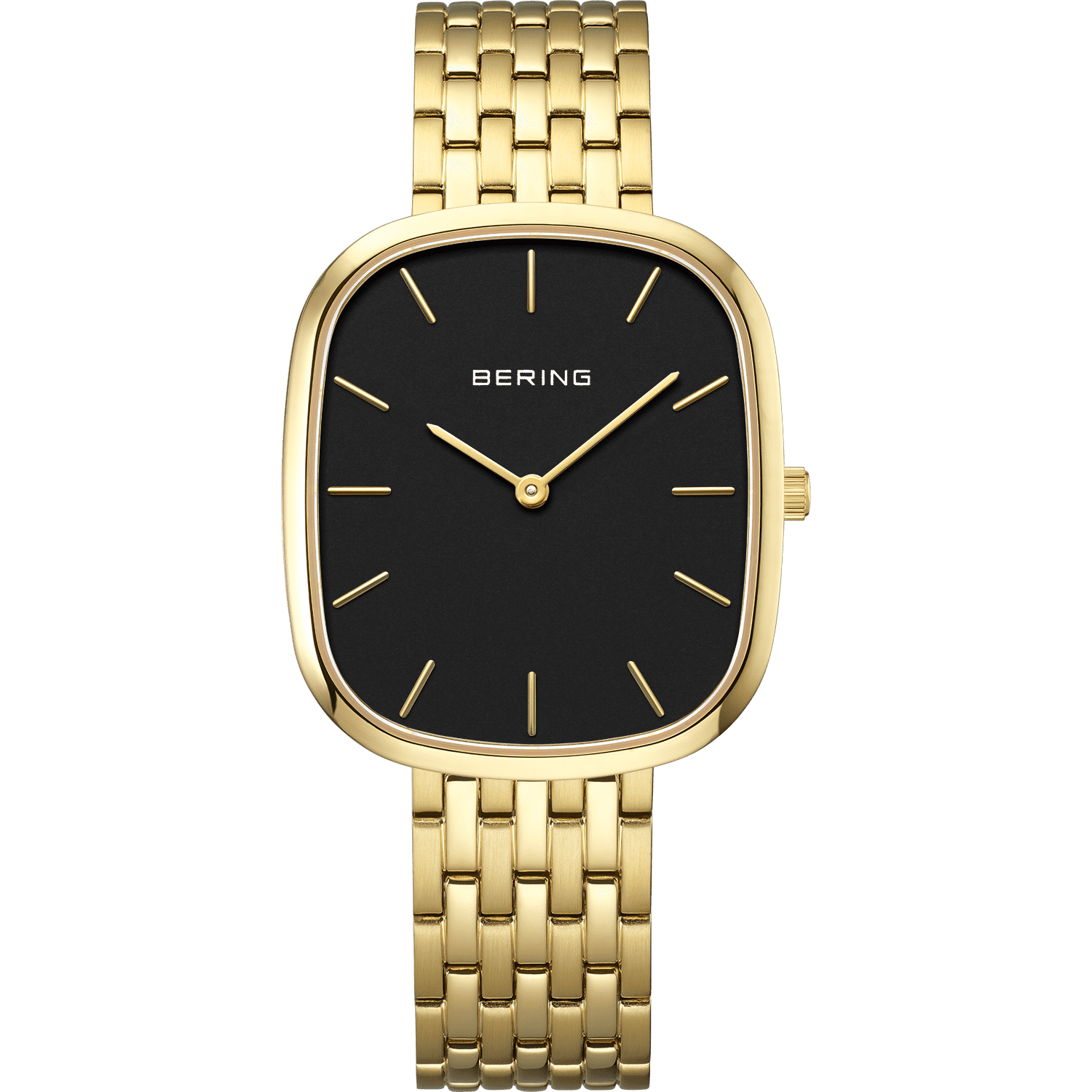 Damenuhr Bering Classic mit schwarzem Zifferblatt, goldfarbenem Edelstahlarmband