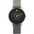 Damenarmbanduhr mit grauem Lederarmband, rundem dunklem Zifferblatt und Zeigern