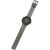 Damenarmbanduhr mit grauem Lederarmband und rundem dunklem Zifferblatt im Profil