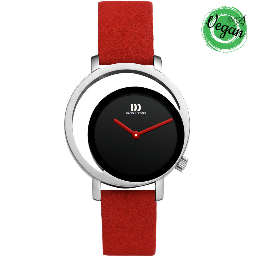 Damenuhr: rotes Mikrofaserarmband, rundes schwarzes Zifferblatt, rote Zeiger