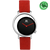 Damenuhr: rotes Mikrofaserarmband, rundes schwarzes Zifferblatt, rote Zeiger
