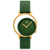 Damenuhr mit grünem Zifferblatt, asymmetrischem Gehäuse und Lederarmband, Mineralglas
