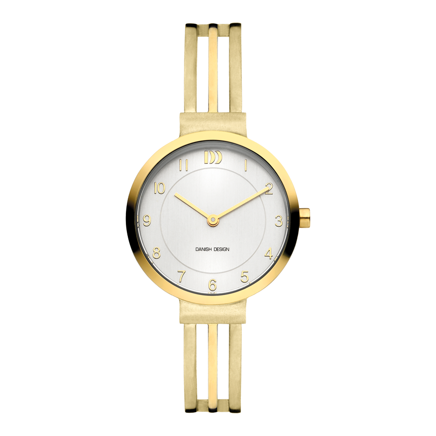Danish Design Damenuhr mit goldenem Titangehäuse, weißem Zifferblatt und Gliederarmband.