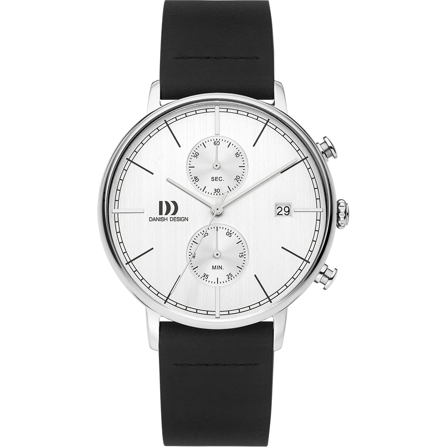 Herren-Chronograph mit silbernem Gehäuse, weißem Zifferblatt, schwarzem Lederband