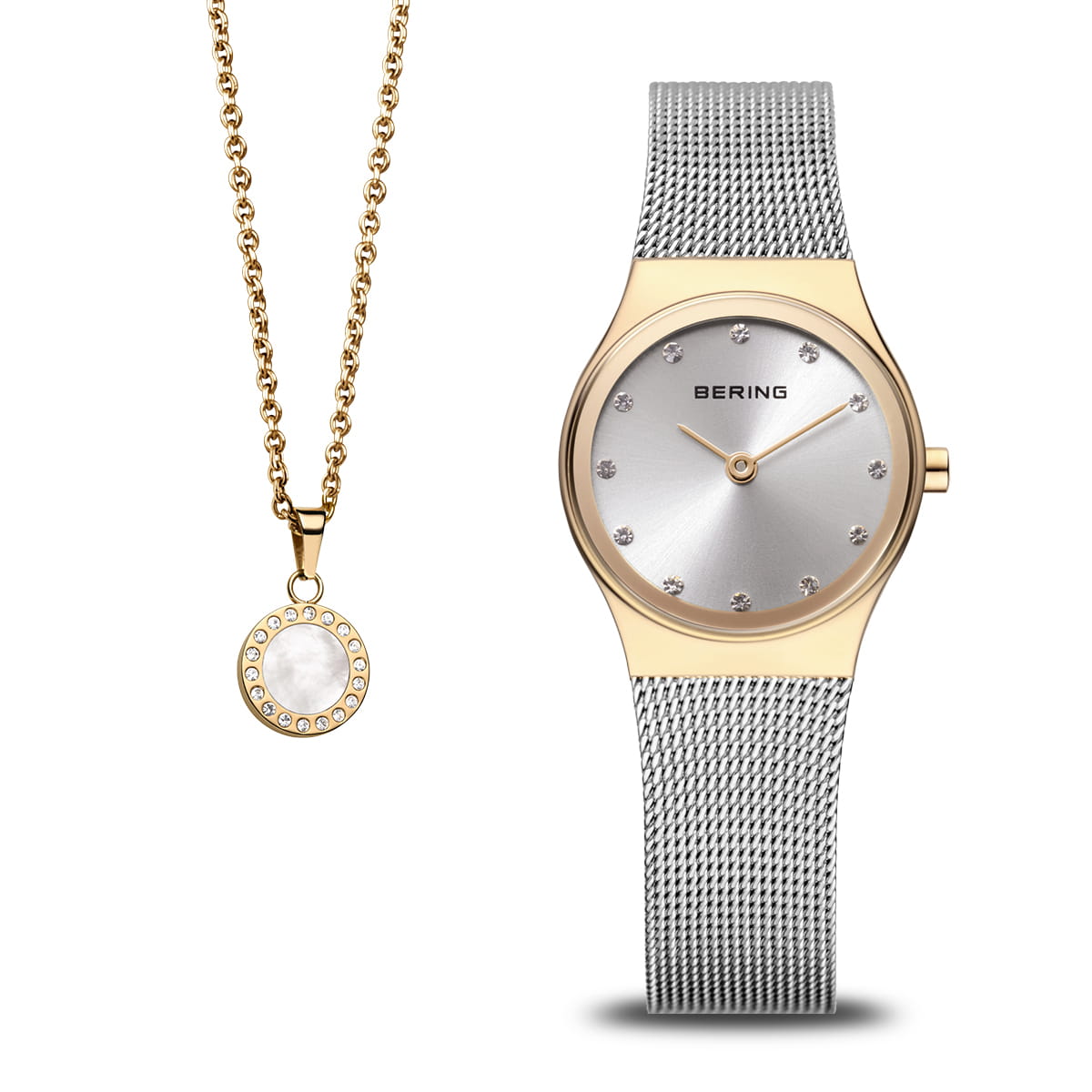 Damenarmbanduhr mit goldfarbener Lünette, silbernem Milanaise-Armband und hellem Zifferblatt