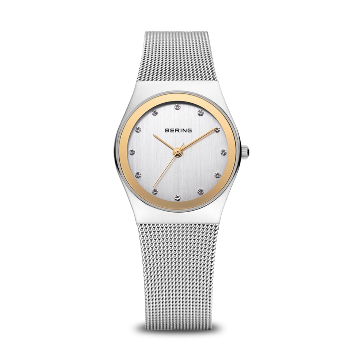 Bering Damenarmbanduhr mit silbernem Milanaise-Armband, weißem Zifferblatt und goldenen Zeigern.