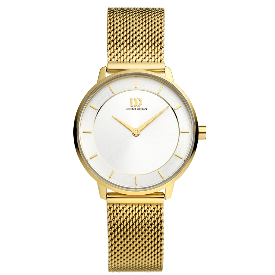 Goldfarbene Damenarmbanduhr mit rundem Zifferblatt und Milanaise-Armband, Mineralglas
