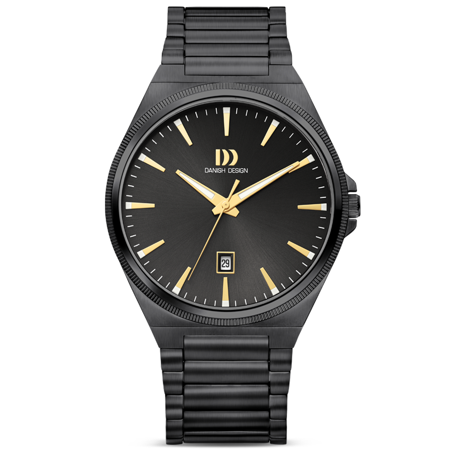 Herrenarmbanduhr Danish Design mit schwarzem Zifferblatt, Datumsanzeige, gelben Zeigern, Metallarmband