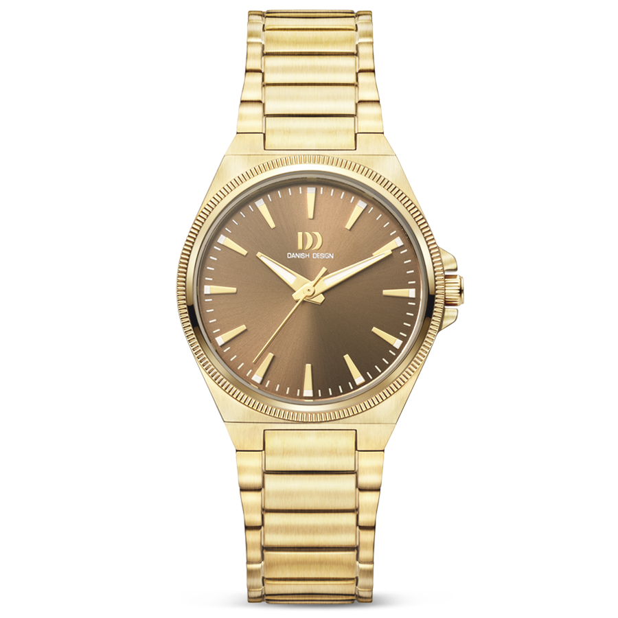 Goldfarbene Damenuhr mit braunem Zifferblatt, Leuchtindexen und Metallgliederarmband