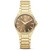 Goldfarbene Damenuhr mit braunem Zifferblatt, Leuchtindexen und Metallgliederarmband