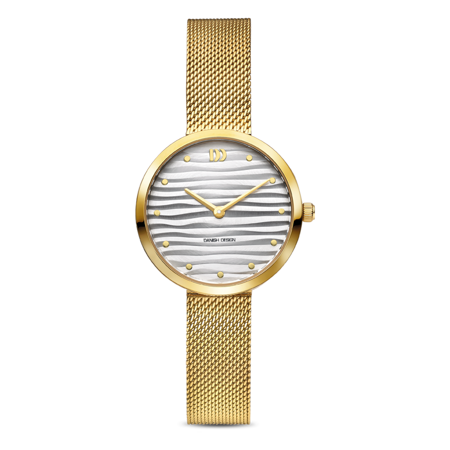 Goldfarbene Damenuhr mit Milanaise-Armband und weißem Zifferblatt mit Wellenmuster