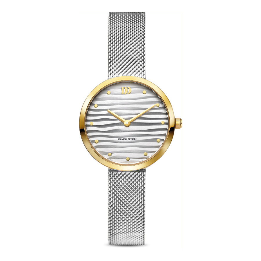 Bicolor-Damenuhr mit Milanese-Armband, rundem Gehäuse und weißem Wellenzifferblatt