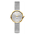 Bicolor-Damenuhr mit Milanese-Armband, rundem Gehäuse und weißem Wellenzifferblatt
