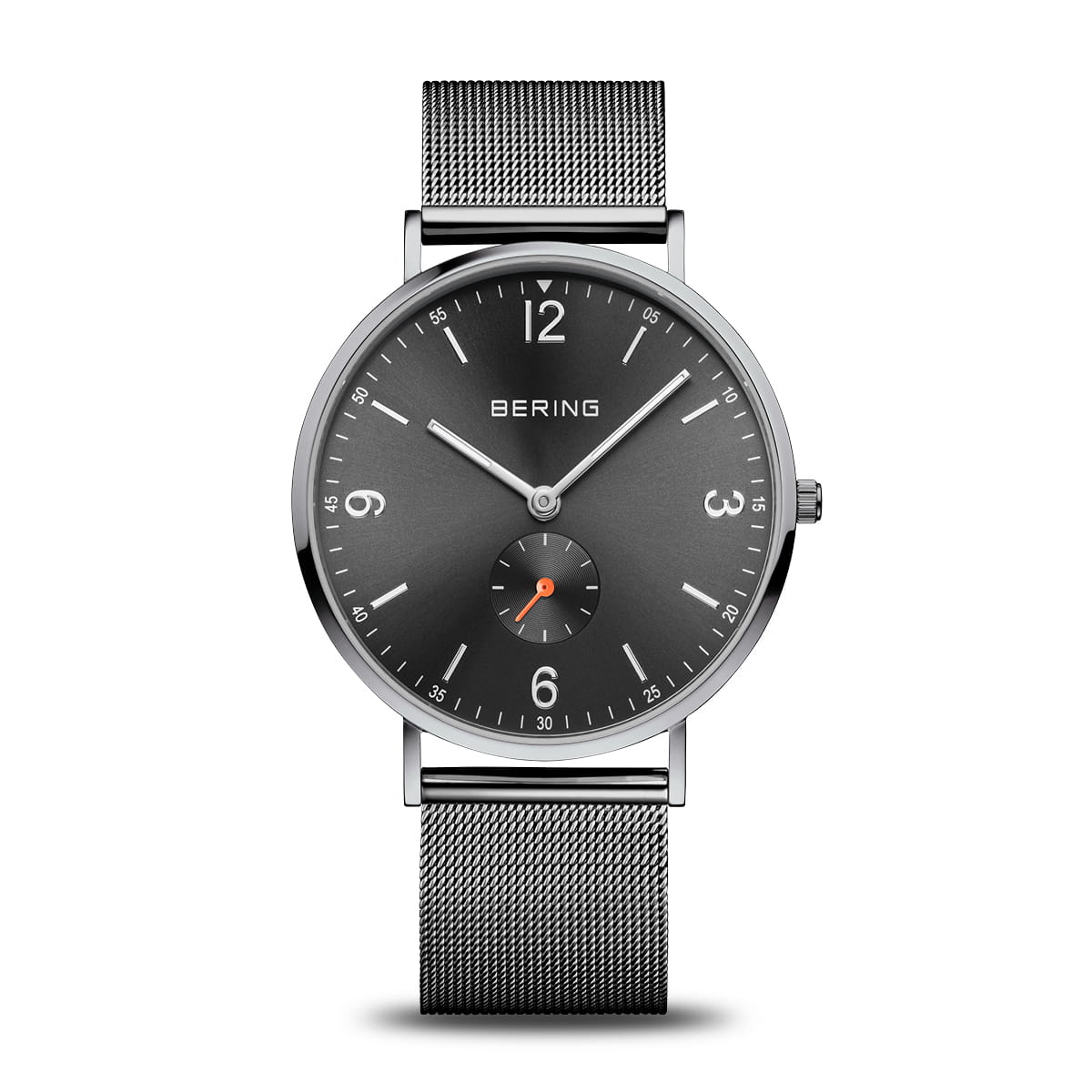 Bering Herrenuhr mit grauem Zifferblatt, Metallband und kleiner Sekunde mit orangefarbenem Akzent