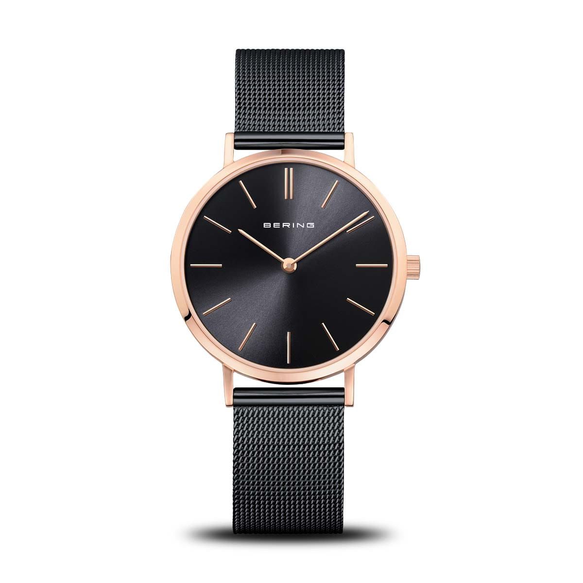 Bering Damenuhr mit dunklem Zifferblatt, Roségoldgehäuse und schwarzem Milanaise-Armband