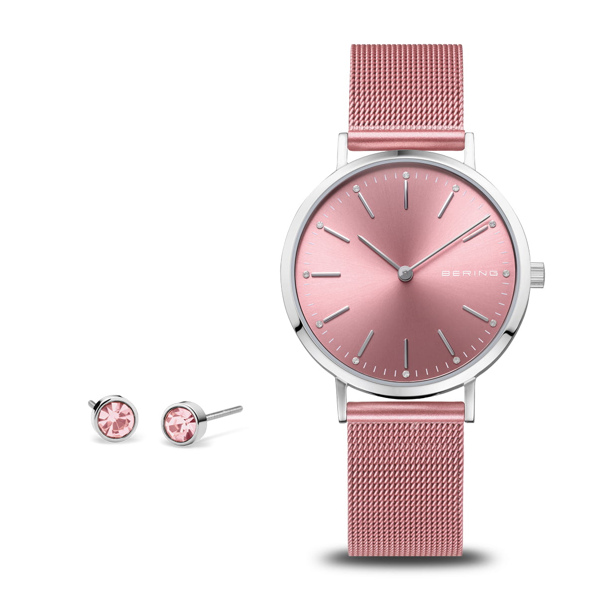 Bering Damenuhr mit rosafarbenem Zifferblatt und Milanaise-Armband