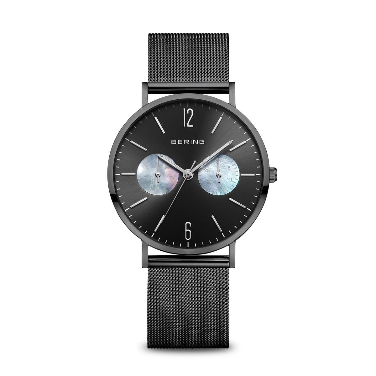 Bering Damenuhr mit schwarzem Milanaise-Armband und 3 Hilfszifferblättern