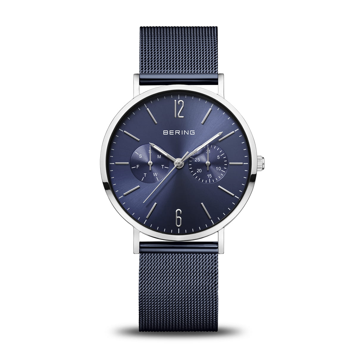 Bering Damenuhr mit blauem Zifferblatt, Milanaiseband und Chrono-Subdials