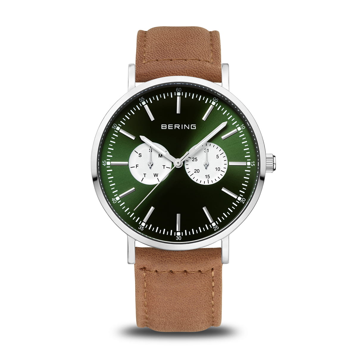 Bering Classic Herrenuhr mit grünem Zifferblatt, Chronographen-Subdials und braunem Lederband