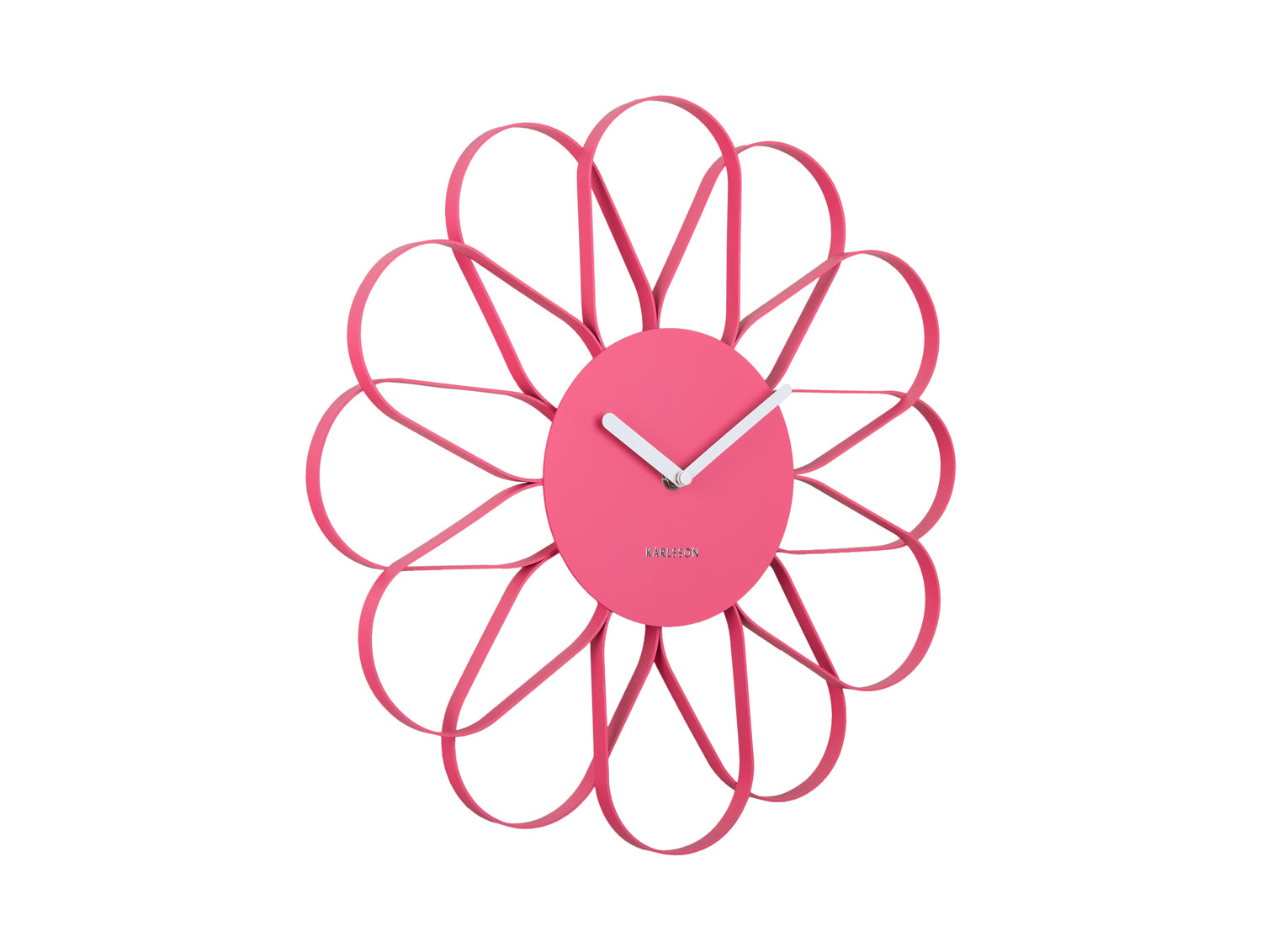 Väggklocka med blomform, rosa urtavla och visare