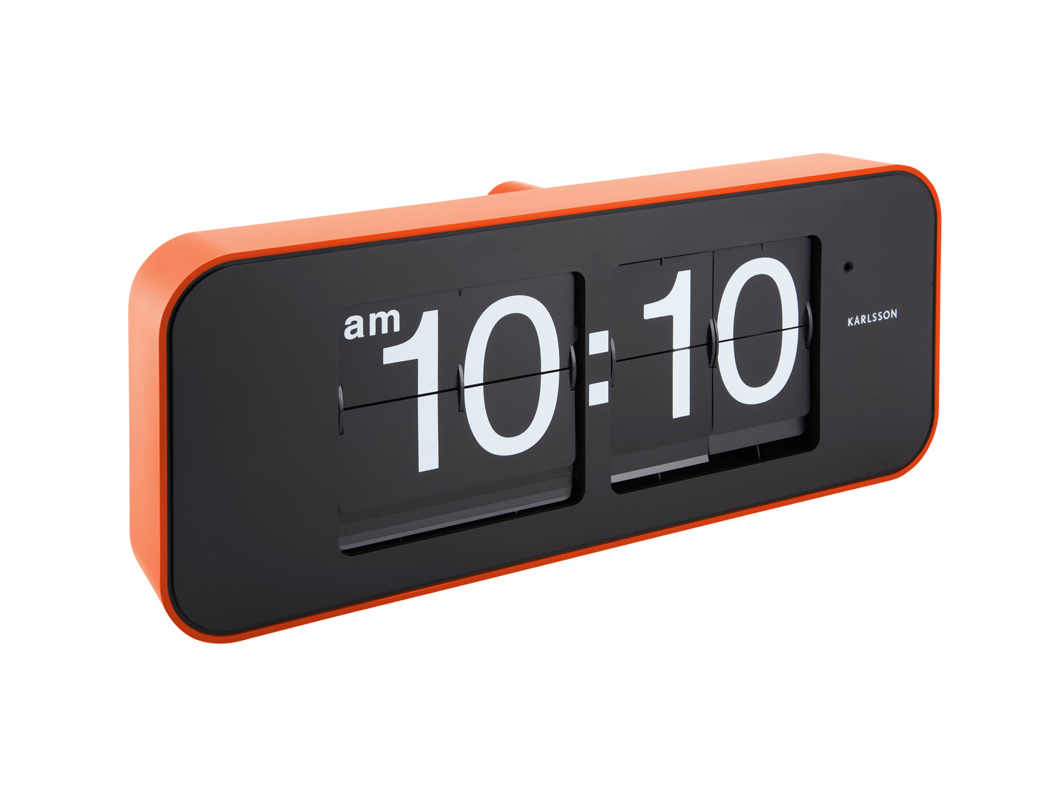 Orange väggklocka med fällbara siffror, dubbel display 10:10, svart front
