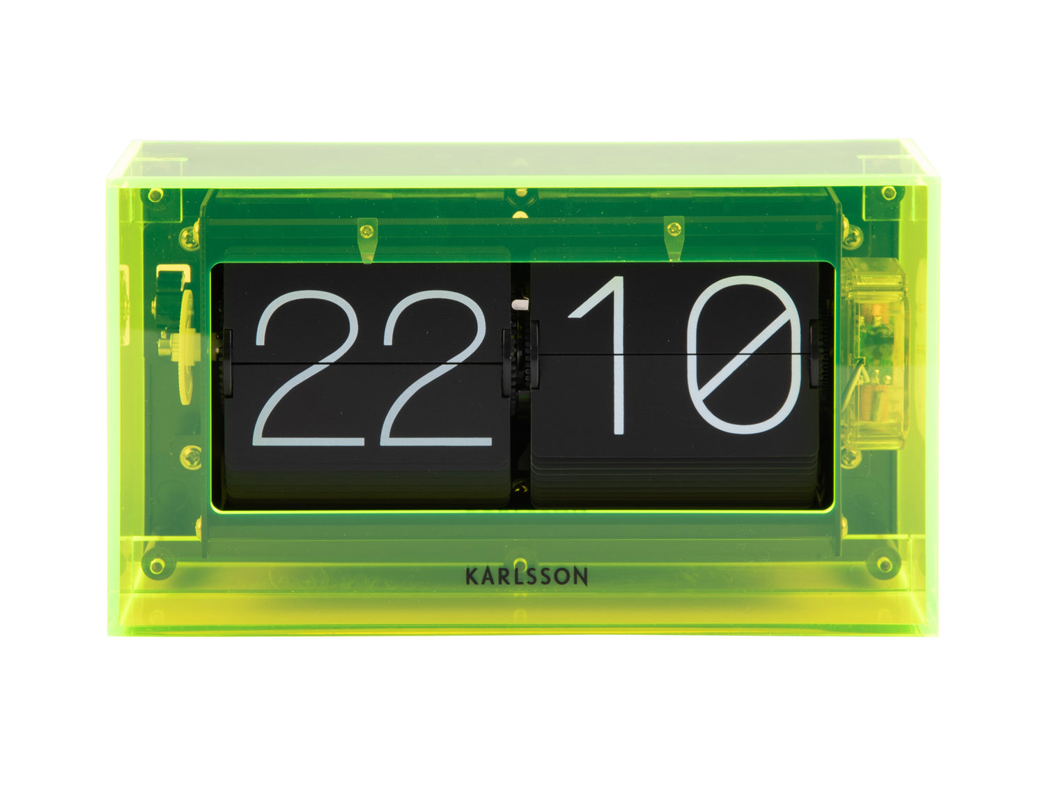 Neongul klocka med akrylhölje och flip-display: 22 och 10