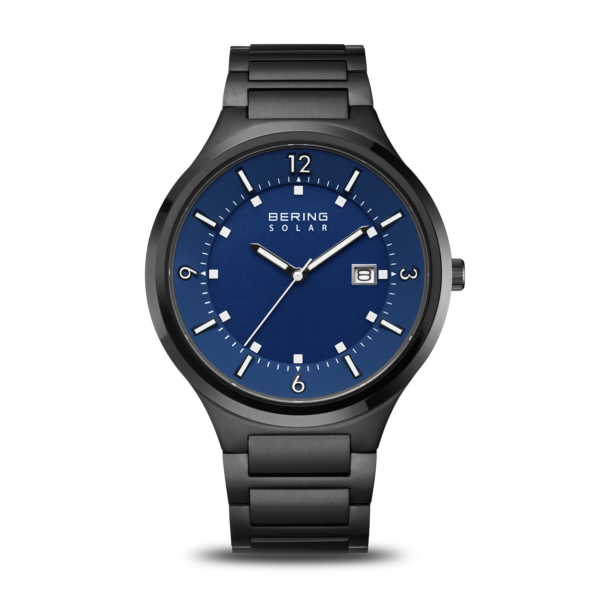 Bering Herren-Solaruhr mit schwarzem Gehäuse, dunklem blauem Zifferblatt und Kettenarmband.
