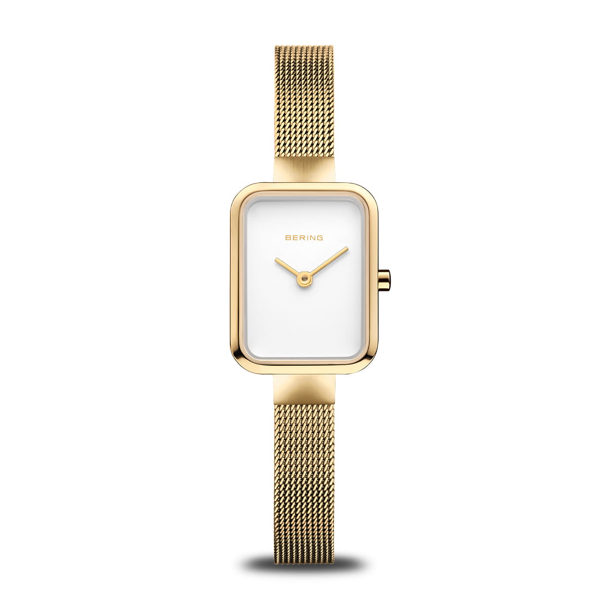 Bering Damenuhr mit goldenem Viereckgehäuse, Milanaise-Armband und weißem Zifferblatt