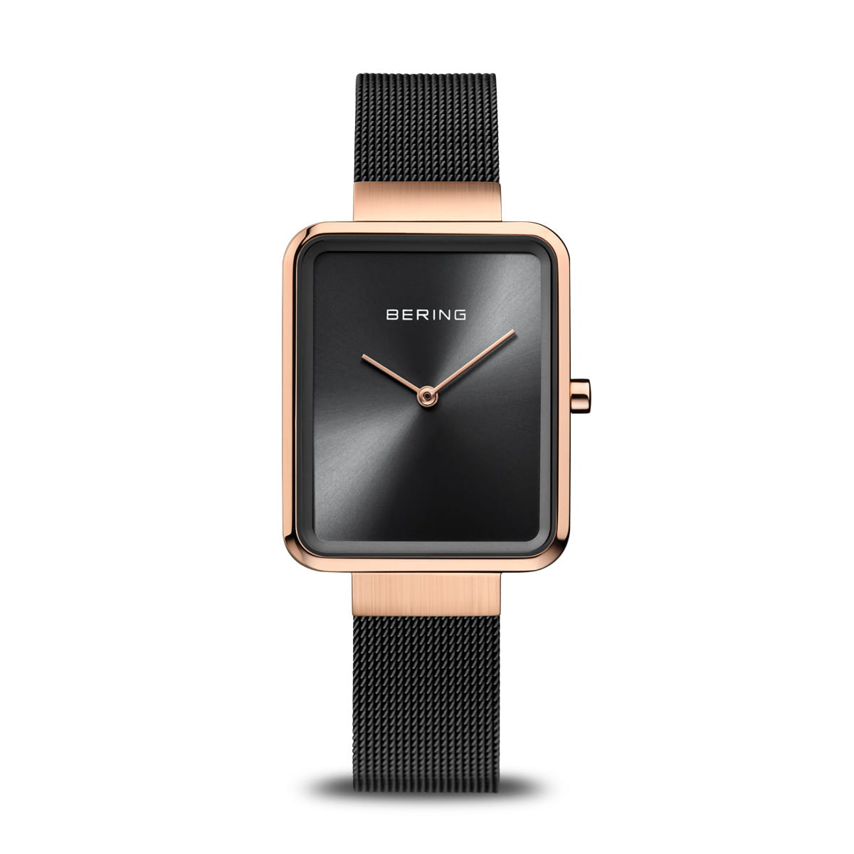 Damenarmbanduhr mit roségoldfarbenem quadratischem Gehäuse, schwarzem Zifferblatt und Milanaise-Armband