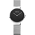 Damenuhr mit schwarzem Zifferblatt, runder Lünette und silbernem Milanaise-Armband