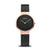 Damenuhr Bering mit rundem schwarzem Zifferblatt, schwarzem Mesh-Armband, roségoldfarbener Lünette