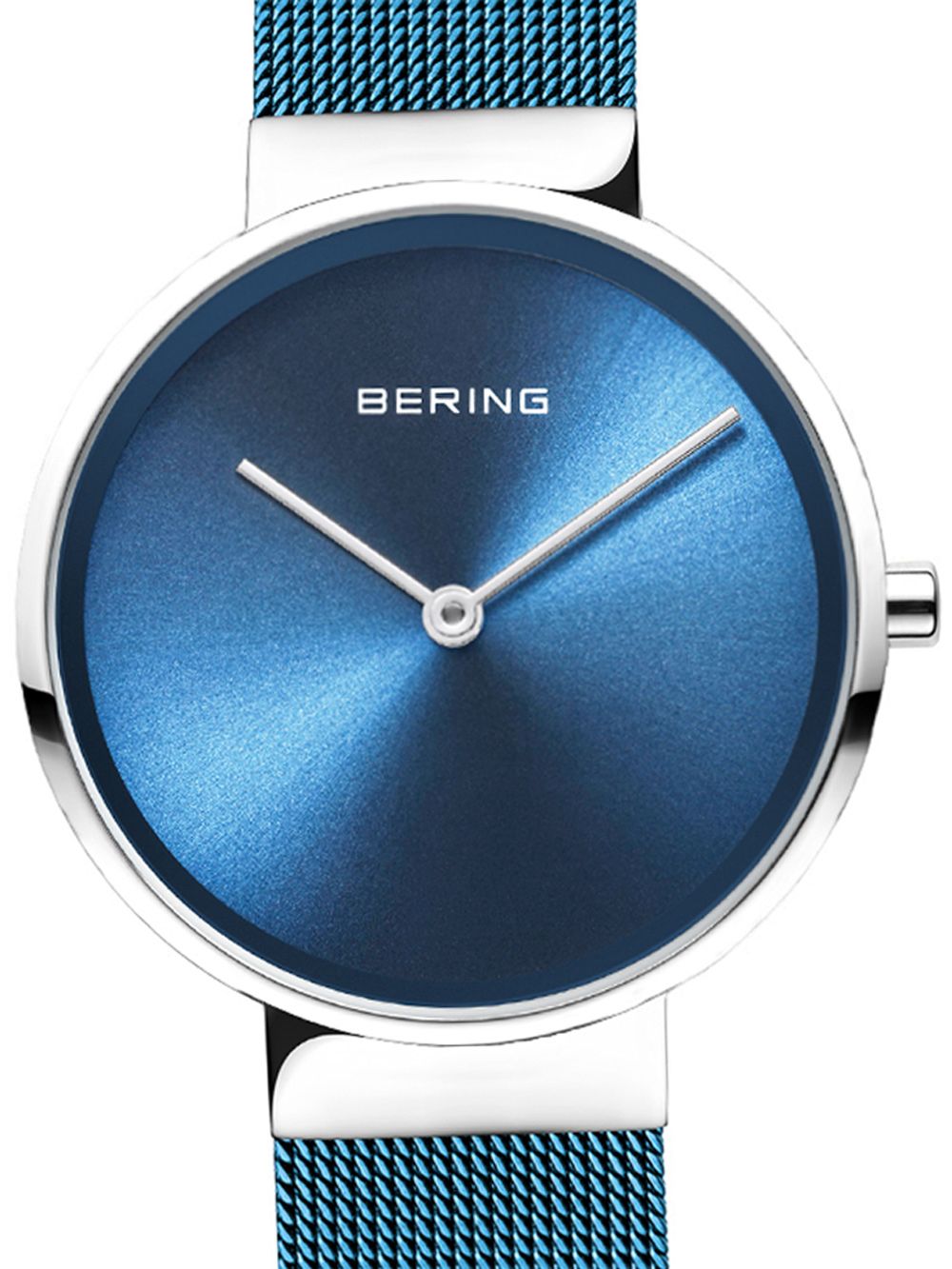Bering Classic Damenarmbanduhr mit blauem Meshband und blauem Zifferblatt, silbernes Gehäuse