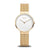 Damenuhr Bering mit rundem weißem Zifferblatt, goldfarbenem Mesh-Armband, goldfarbener Lünette
