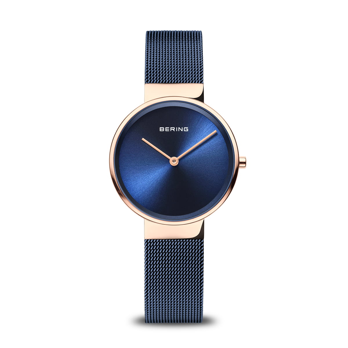 Damenuhr mit blauem Zifferblatt, Roségold-Gehäuse und blauem Milanaise-Armband.