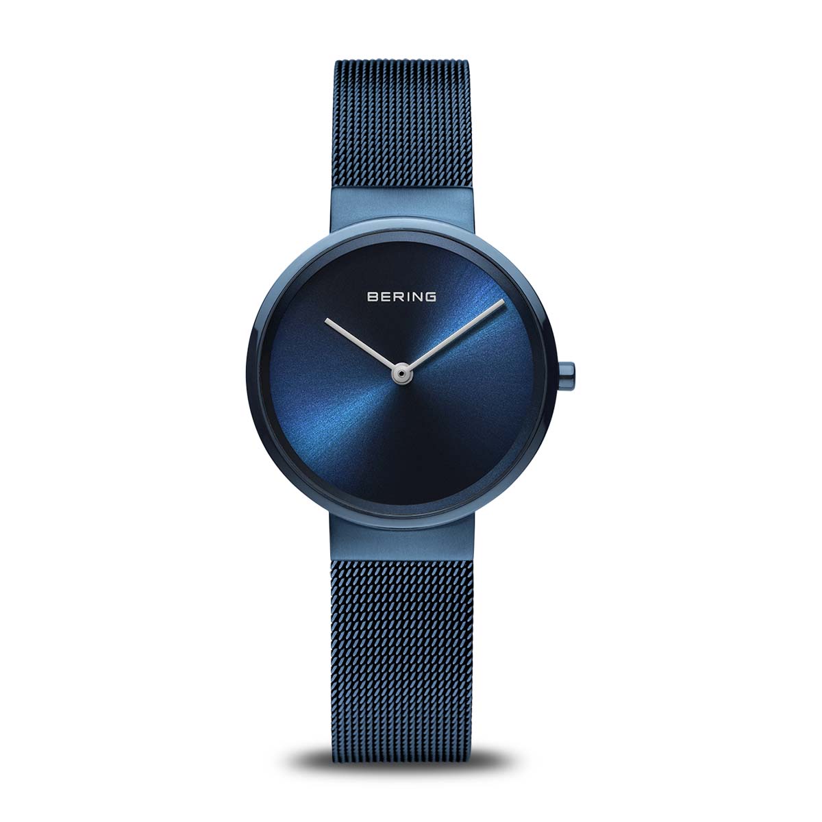 Bering Damenuhr mit blauem Zifferblatt und milanesaartigen Metallarmband