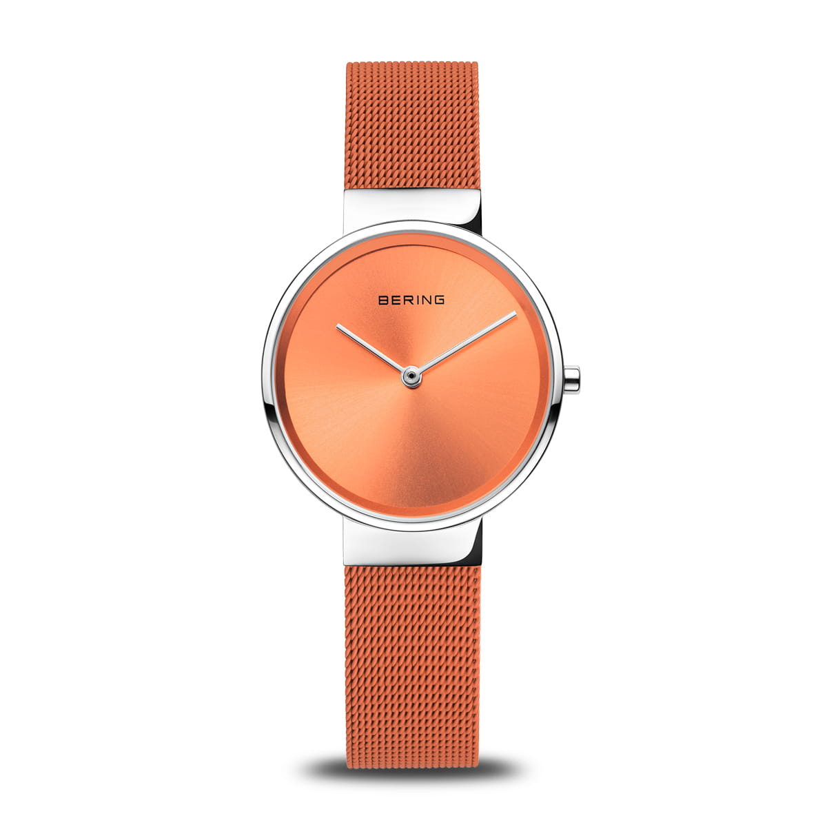 Bering Damenuhr mit rundem orangefarbenem Zifferblatt und orangefarbenem Milanaise-Armband
